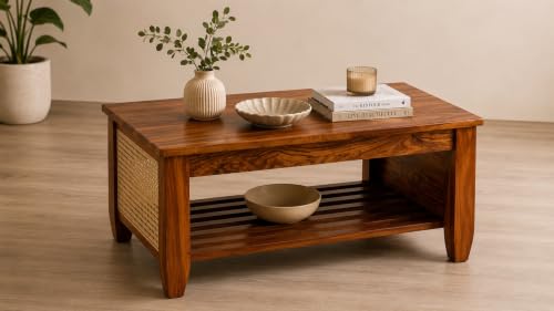 Image of Coffee Table for Living Room | Sheesham Wood Center Teapoy Table with Drawer Storage for Office and Hotels | Rattan Tea Table (Natural Finish)