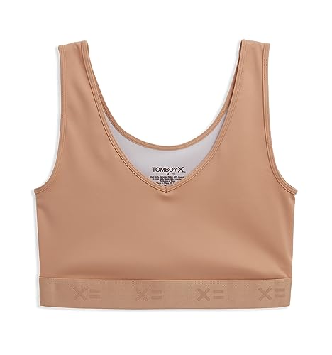 TomboyX V Neck Compression Bra, Chest Binder Alternative, Wireless Full Coverage Medium Support Top, Athletic Sports Bra -X-Large/Chai