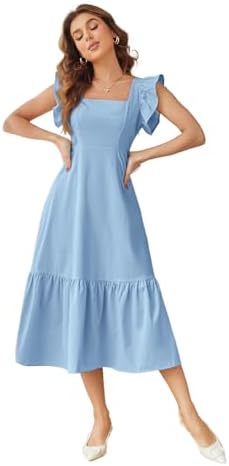 Shasmi Girl's & Women's Solid Color Square Neck, Ruffle-Trimmed Hem Sleeveless, Ruffle Armhole and Casual Dress with Cinched Waist Vacation Outfits Woman (Dress 162)