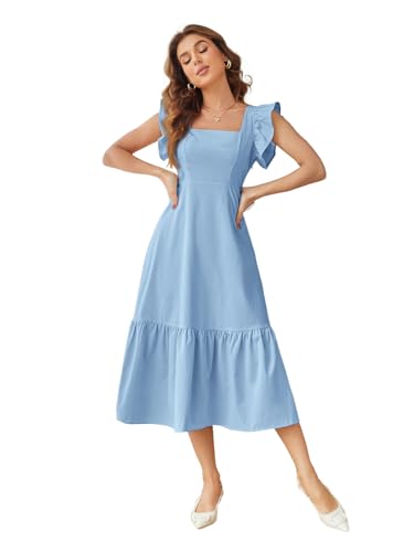 Shasmi Girl's & Women's Solid Color Square Neck, Ruffle-Trimmed Hem Sleeveless, Ruffle Armhole and Casual Dress with Cinched Waist Vacation Outfits Woman (Dress 162)