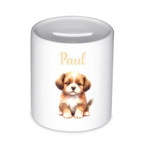 minimutz Tirelire chien pour enfants - Personnalisable - Animaux garçons et filles - Tirelire ronde en céramique 8 x 9,5 cm - Avec nom imprimé au choix