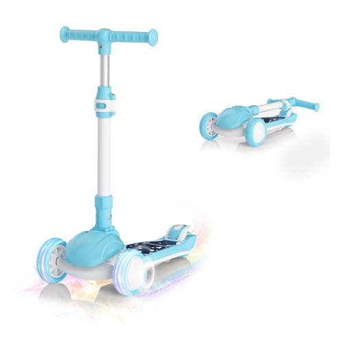 Image of SIMATE 3 Wheel Kick Scooter for Kids Ages 3-12, Light Up Wheels & 3 Adjustable Height Handlebars, Lean-to-Steer & Widen Anti-Slip Deck, Boys & Girls Gift