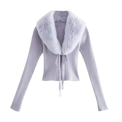 Cardigans for Women Vintage Faux Fur Knitted Sweater Fur Collar Long Sleeve Top Sweater Knit Cardigan