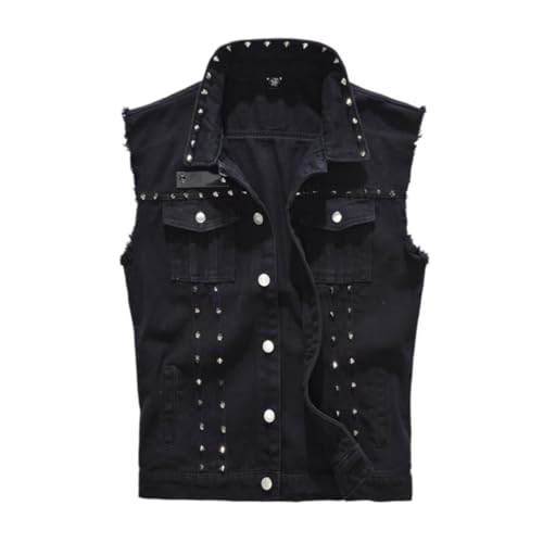 Men's punk denim vest with sleeveless denim jacket with rivets Turned collar jacket vest