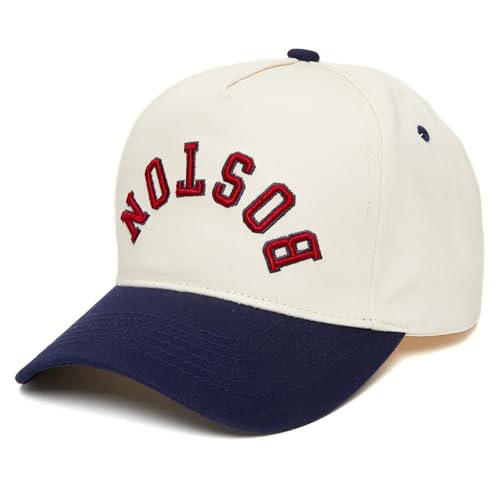 Funky Junque Retro Boston Hat Baseball Cap with Upside Down City Arched Embroidery Unisex Adjustable Snapback for Game Day Streetwear Boston (Navy/Beige)