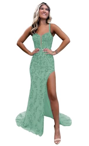 Image of Floral Sequin Prom Dresses Tulle 2026 Mermaid Long Corset Formal Evening Gowns with Slit
