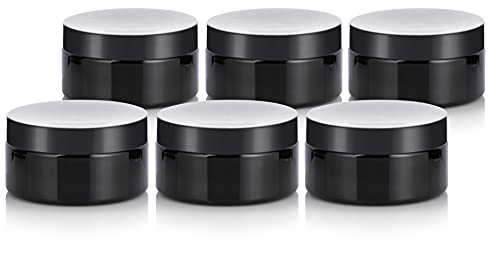 8 oz Black PET Plastic Refillable Low Profile Jar with Black Lid (6 Pack)