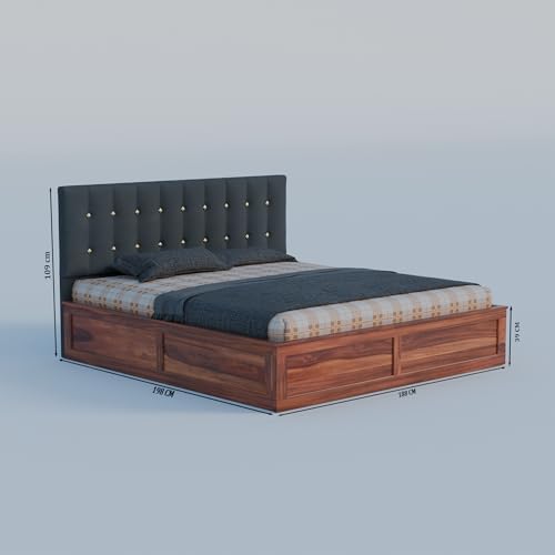 Image of Sheesham Wood King Size Bed with Storage Box | Upholstered Beds | Platform Cot with Cushioned Headboard | Double Bed for Home | Recommended Mattress 78x72 Inch | Dark Grey & Honey Finish