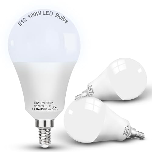E12 100W Equivalent LED Candelabra Bulbs, E12 A19 A60 LED Ceiling Fixtures Light Bulbs 6000K Daylight White,Bright Small Candelabra Screw Base Globe Shape Chandelier Bulbs 10W 1200lm,Non Dimmable,3Pcs by ALIDE - Used condition - US$18.64