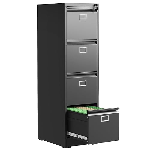 VIYET 4 Drawer File Cabinet, Metal Vertical File Cabinets with Lock for Home Office, Heavy Duty Office Steel Filing Cabinet for Hanging Files for A4/ Legal/Letter,Assembly Required (Black)