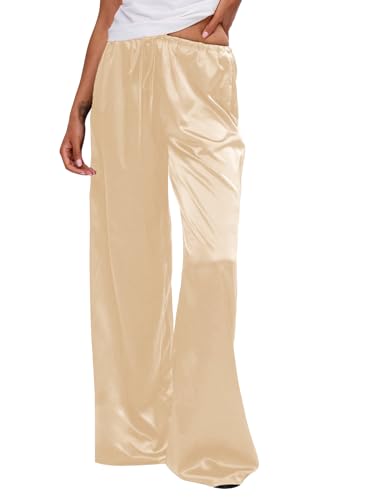 Image of MakeMeChic Women's Summer Satin Silk Pants Casual Flowy Pants Beach Vacation Wide Leg Pants