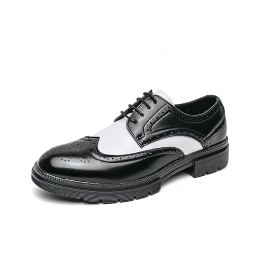 Men's Classic Leather Two Tone Wingtip Tuxedo Dress Brogues Oxfords Fashion Lace Up Patchwork Carved Chunky Block Heel Round Toe Non-Slip Formal Derby Shoes for Business Wedding Party