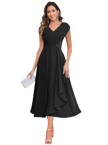 Image of SOLODISH Mother of the Bride Dresses for Wedding Tea Length Chiffon A Line Formal Wedding Guest Party Gown