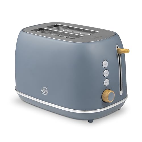 Swan ST19030GRY Fjord 2-Slice Toaster with 7 Browning Levels, Defrost/Reheat/Cancel, 800W, Grey & Wooden Accents