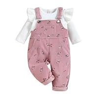 UUAISSO Baby Mädchen Kleidung Rippstrick Langärmelig Oberteile Blumenmuster Hosenträgerhose mit Tasche Outfits Sets rosa 3–6 Monate