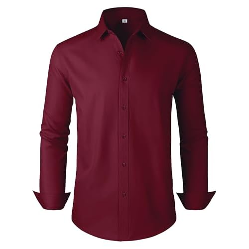 Men's Dress Shirts Regular Fit Solid Long Sleeve Formal Shirt Business Casual Button Down Shirts Large Tall 00097_burgundy