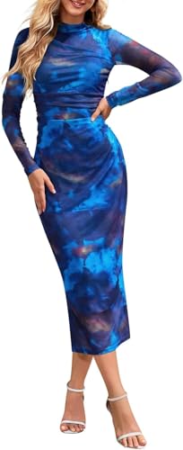 Women's 2024 Long Sleeve Tie Dye Dress Bodycon Mock Neck Mesh Ruched Cocktail Maxi Dresses
