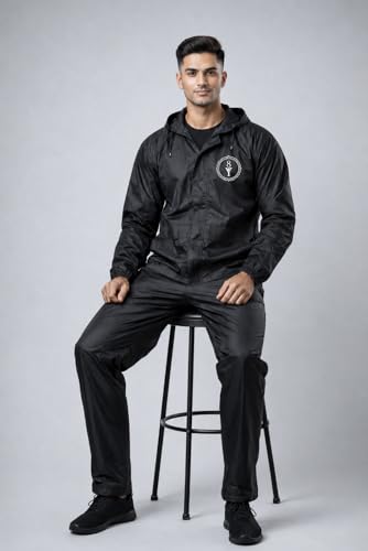 Image of Men Solid Black Waterproof Raincoat Set with Hood | Nylon Blend Jacket and Pants for Rainy Days | Regular Fit