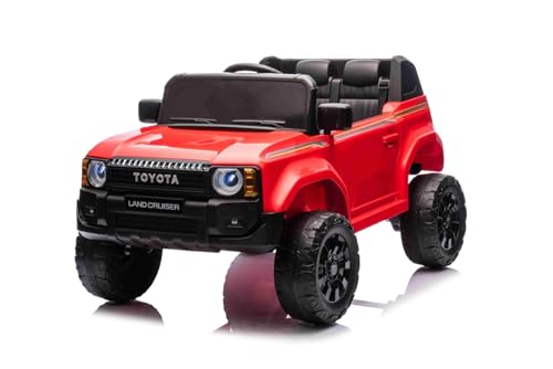 Coche eléctrico para niños Toyota Landcruiser 12V, Rojo, Asiento Individual Ancho, Control Remoto 2,4 GHz, Entrada USB/AUX, Bluetooth, suspensión, batería de Litio, Luces LED, 2 Motores de 25W