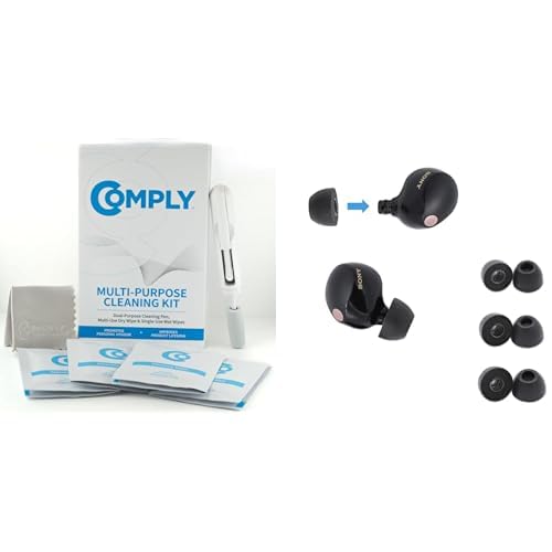 Multi-Purpose Earbud Cleaning Kit Bundle with Memory Foam Replacement Earbud Tips for Sony True Wireless Earbuds, Superior Noise Isolation, Secure Fit, Black, S/M/L (3 Pairs)