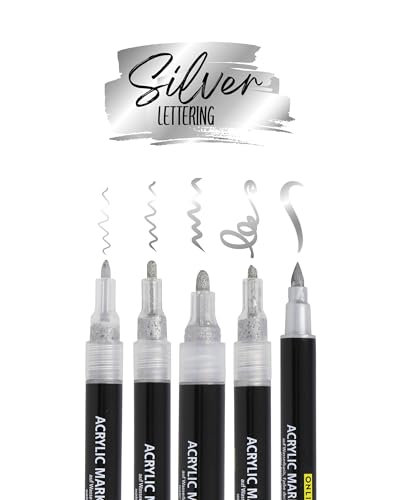 ONLINE 5er-Set Acryl Stifte Silver I Stark deckendes Handlettering Set mit Brush Pen, Fineliner, Kalligrafie Stift & Markern I metallic Acryl Marker für DIY-Projekte I Papier, Glas, Holz, Stein, Stoff