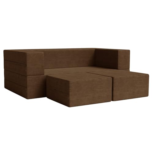 Image of Rosebell | 5x6 Ft C-Type Sofa Cum Bed | Jute Fabric with Washable Cover | Two Seater with Two Pouffe for Living Room & Office | Brown Color