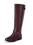Ermonn Womens Knee High Boots Wide Calf Side-Zip Back Lace-Up Faux Leather Riding Combat Footwear