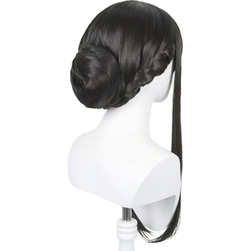 Image of Half and Half Long Black Anime Cosplay Wig with Bangs & Bun Pre-styled Thorn Princess Killer Costume Wigs Synthetic Hair + Wig Cap for Halloween Party