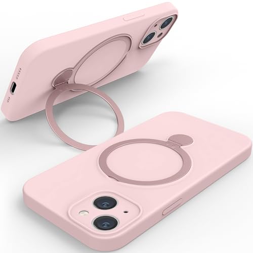 Guyemuzi iPhone 14 ケース リング付き シリコン スタンド機能 MagSafe対応 耐衝撃 鉄の環 リング スマホケース 縦横両対応 アイフォン14 ワイアレス充電 黄変防止 レンズ保護 6.1インチ (ピンク)