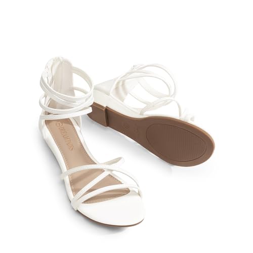DREAM PAIRS DREAM PAIRS Women's Ankle Strap Flat Sandals Summer Dressy Strappy Gladiator Rhinestones Sandals,Size 11,White/Pu,WEITZ