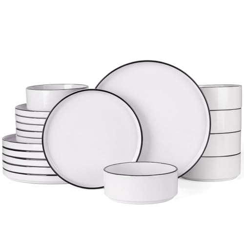 Image of Famiware Nebula Plates and Bowls Sets, 18 Pieces Dinnerware Sets, Dishes Set for 6, White with Black Rim