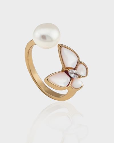 18k Gold Plated Freshwater Pearl, Mother of Shell Butterfly Open Ring for Women Gift Everyday and Wedding Band2