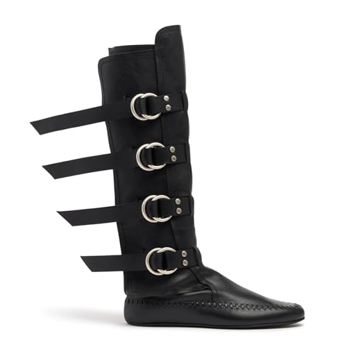 SHEMEE Women's Medieval Renaissance Knee High Boots Punk Flats Low Heels Slouchy Boots Multi Buckles Straps Wide Calf Biker Riding Tall Boot Round Toe Gothic Motorcycle Rave Shoes