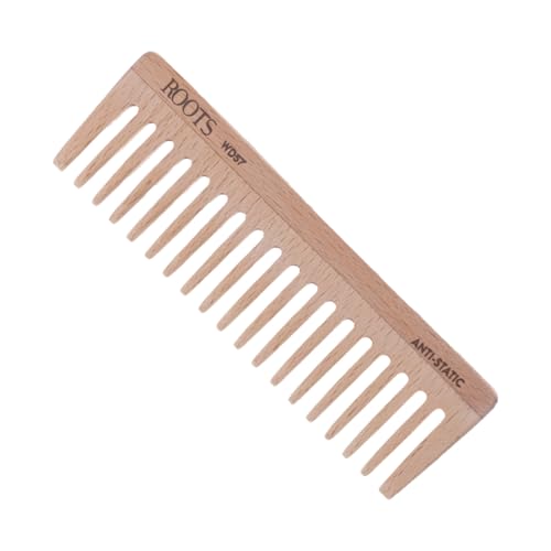 Image of ROOTS Wooden Comb | Wide Teeth | Round Teeth prevent Hair & Scalp damage| 100% Natural Wood | Anti-Frizz & Shine | For Long, Thick & Dry Hair | For Men & Women | Length - 5.7 Inch | Model No - WD57