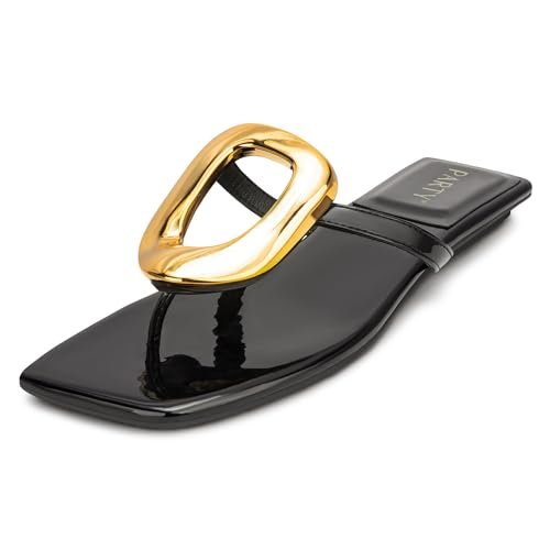 Image of PARTY Square Toe Flip Flops Women,Fashion Designer Thong Sandals with Gold Buckle Trendy Summer Comfort Flat Sandals