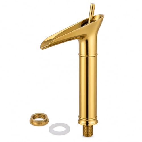 Image of ZAP Antique Lavatory Vanity Basin Mixer Tap Bathroom Faucet with Waterfall Spout Bath Sink Faucets Single Handle One Hole Solid Brass - Brushed Gold