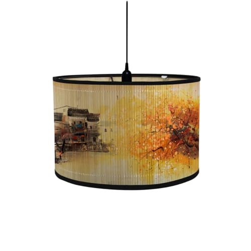 FANSU Vintage Bamboo Lamp Shades for Table Lamps, Round Drum Light Shade Woodsy Decor Pendant Lampshades,Pattern Chandelier Lamp Covers Ceiling Lampshade (30 * 20cm,Village)