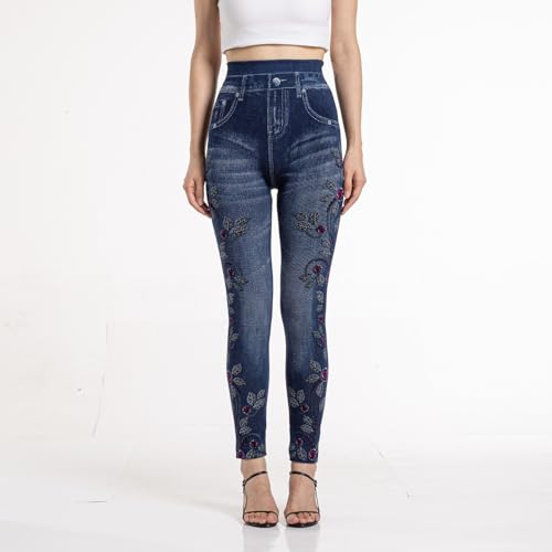 Denim Pants Leggings for Women Vintage Floral Print Skinny Jeans High Waisted Butt Lifting Trouser with Pockets 20244