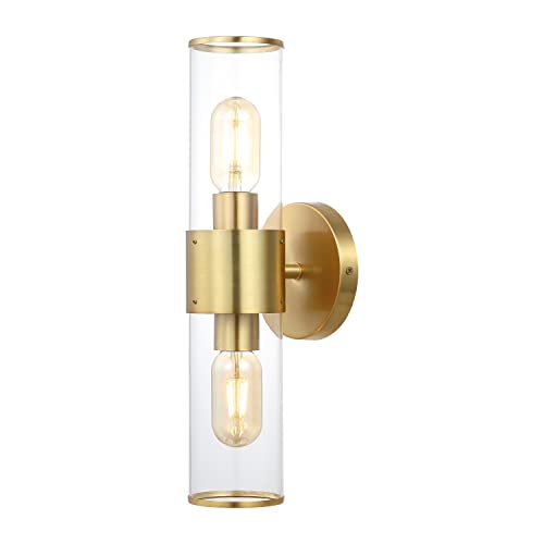 Image of JONATHAN Y 15.5 inch Brass Gold 2-Light Modern Iron LED Wall Sconce for Bathroom Vanity Kitchen Hallway, Clear Acrylic Shade, LED Bulbs Included JYL9913A