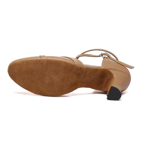 Women's Ballroom Dance Shoes Light Tan Closed Toe Latin Salsa Character Performance Dancing Shoes with 3 inch Heels3