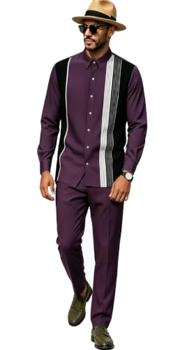 TIFIYA Men's 2 Piece Stand Collar Fashion Shirts Suit,Minimalist Line Print Business Leisure Walking Sets TM126-23-L