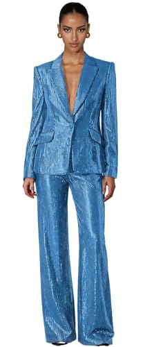 Sequin Suits for Women One Button Blue Womens Suit 2 Piece Fashion Blazer and Wide Leg Pants Night Shiny Prom Tuxedo Size Small