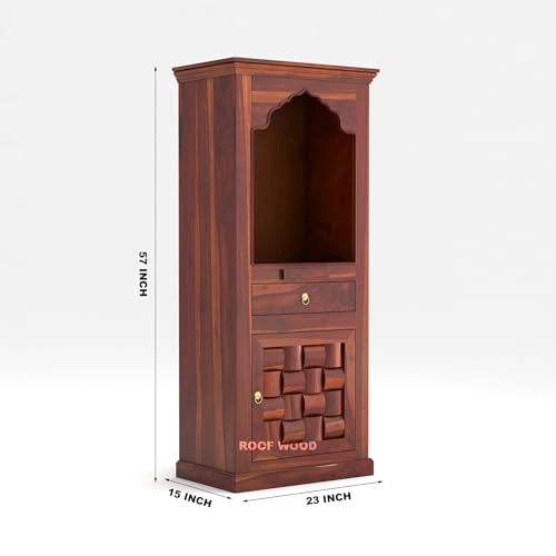 Image of Solid Wood Premium Sheesham Wood Temple Niwar Big Size 5 Feet with Door Storage Cabinet | Wooden Mandir for Pooja Room Home | Honey Finish | Mandir for Home Niwar (Honey Finish 1)