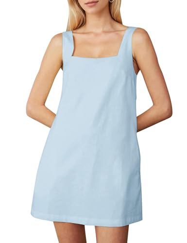Image of Summer Linen Mini Dress for Women Sleeveless Square Neck Tank Shift Dresses Causal Backless Solid Short Sundress