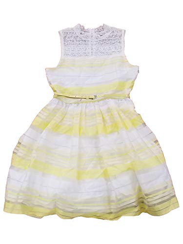 Girls Neon Yellow & White Lace Striped Summery Sleeveless Dress