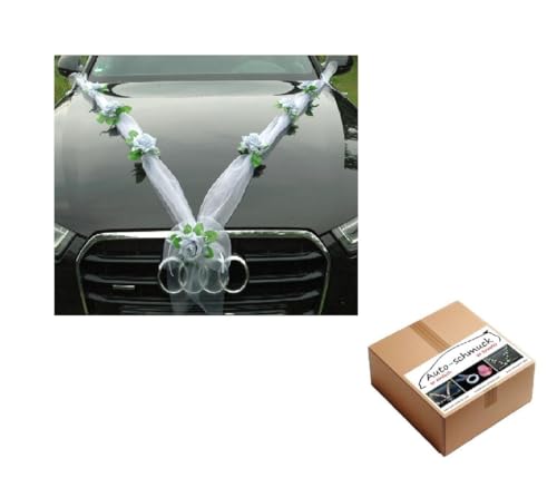ORGANZA M + HERZEN Braut Paar Rose Deko Dekoration Autoschmuck Hochzeit Car Auto Wedding Deko Ratan Girlande ®Auto-schmuck PKW (Silber/Weiß/Weiß)