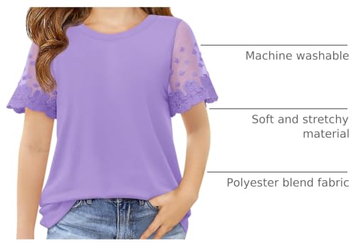 Image of Haloumoning Girls Lace Short Sleeve T Shirts Kids Summer Crewneck Tunic Tops Curved Hem 5-14 Years