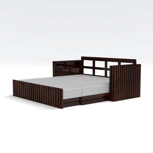 Image of Kunjal Furniture Solid Sheesham Wood Sofa Cum Bed with Storage for Living Room | Natural Finish | 3-Seater Convertible Sofa Bed | Handmade Wooden Furniture (Walnut, American)