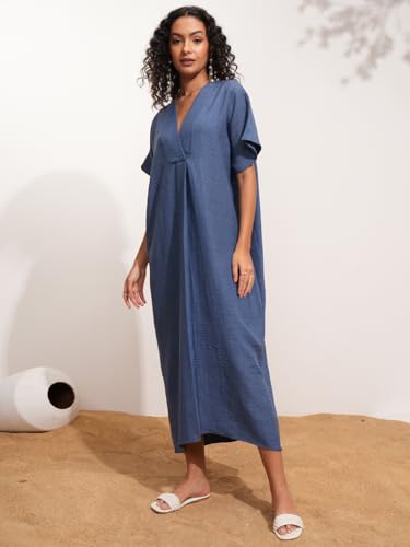 Image of Tokyo Talkies Women's Dresses for Women | Solid Color | Kaftan Style | Holiday Midi Dress | Short Kaftan Sleeves | Relaxed & Elegant