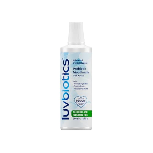 LUVBIOTICS- Enjuague bucal sin fluoruro con probióticos orales y xilitol-Promueve un buen microbioma oral para lograr un aliento más fresco, encías y dientes saludables. Presentación de 500 ml